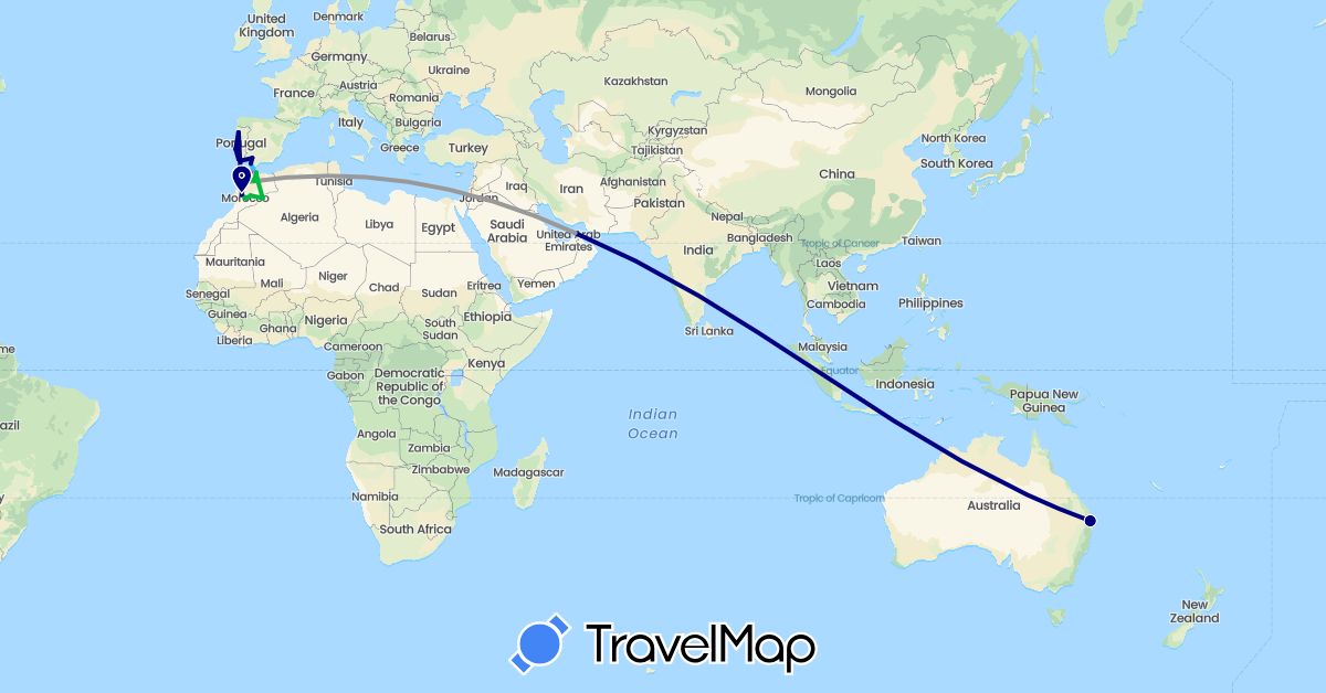 TravelMap itinerary: driving, bus, plane, train, boat in United Arab Emirates, Australia, Spain, Morocco, Portugal (Africa, Asia, Europe, Oceania)